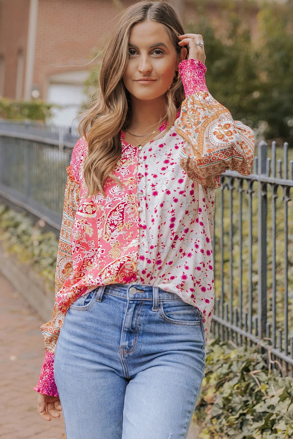PINK MULTI CONTRAST BUTTON DOWN WOVEN TOP