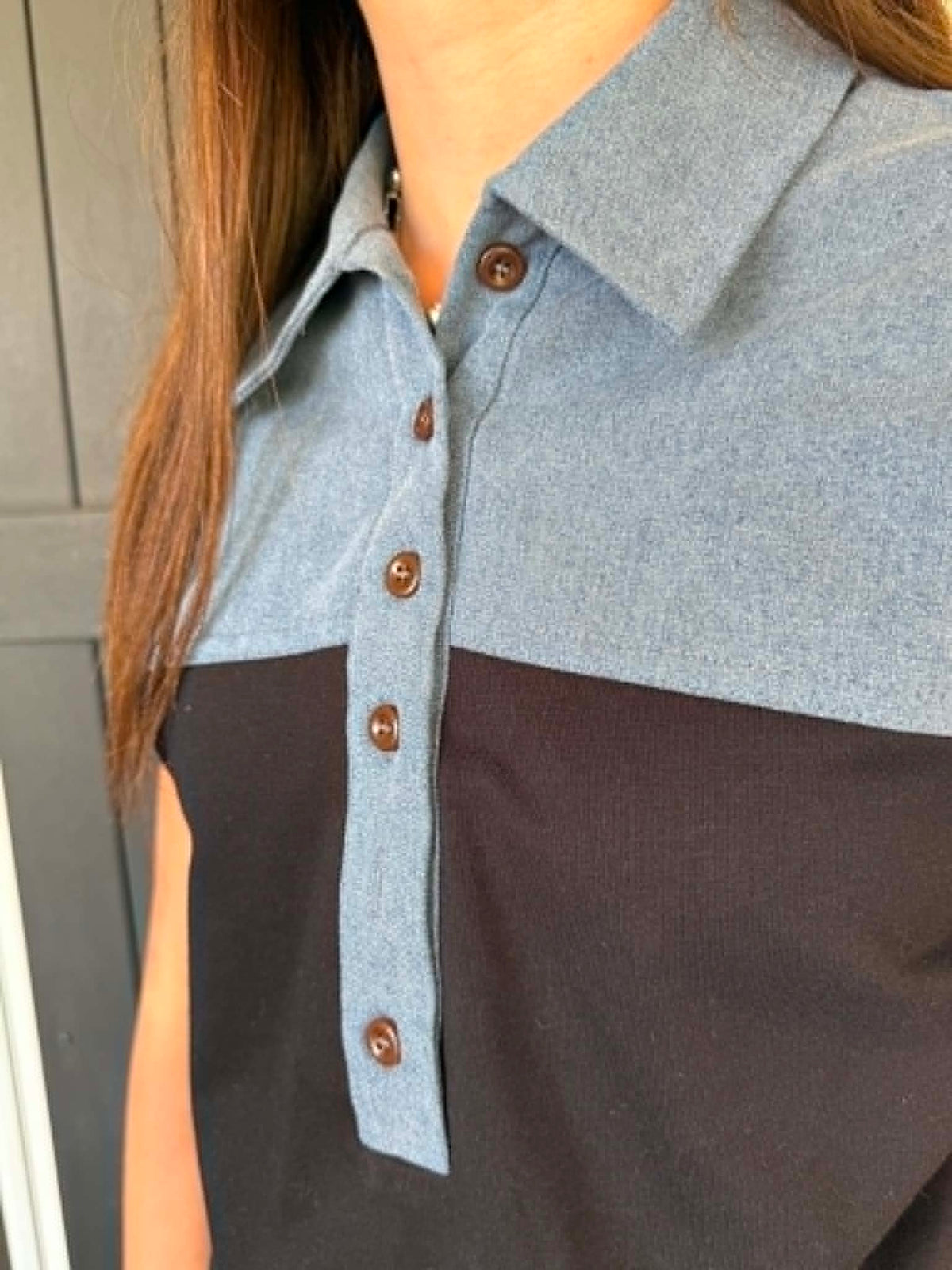 BLACK/DENIM COLORBLOCK BUTTON DOWN KNIT TOP