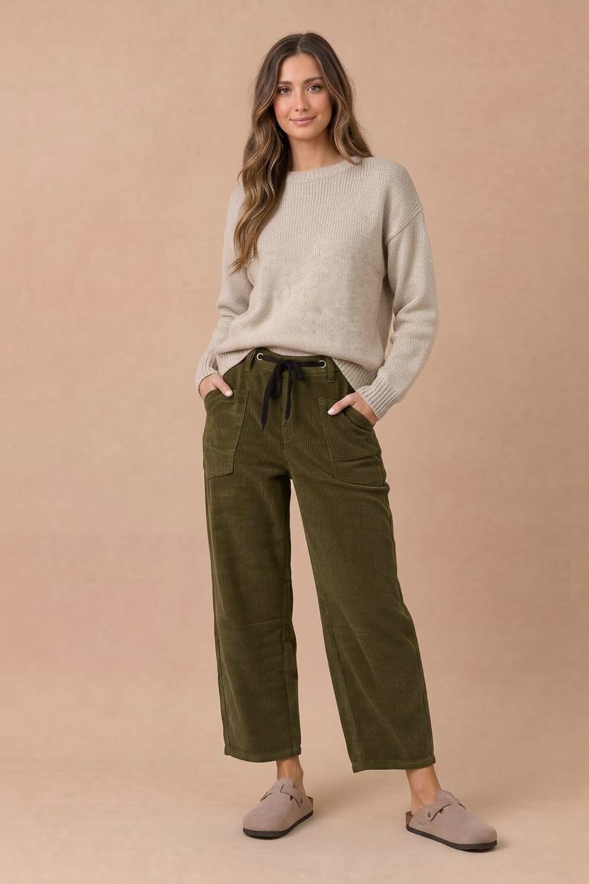 OLIVE CORDED BARREL PANTS