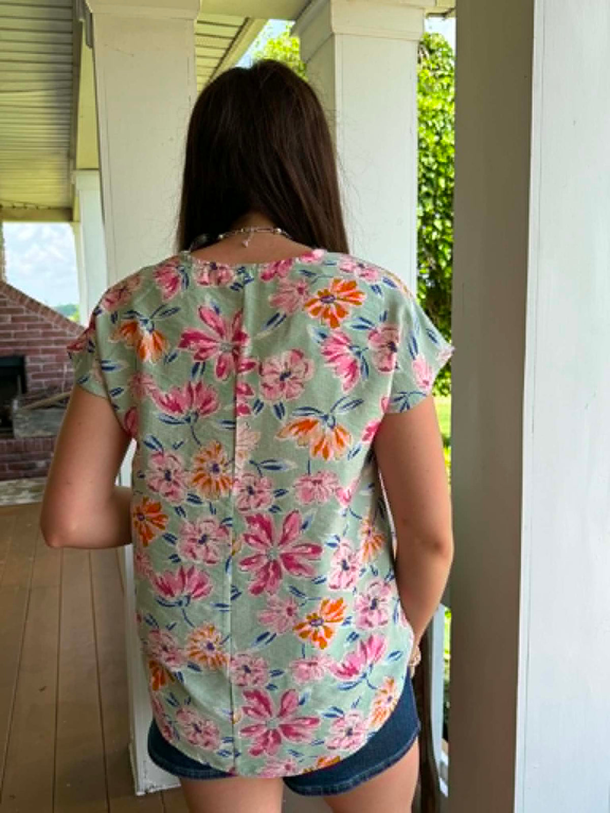 MINT/PINK/ORANGE FLORAL V NECK WOVEN TOP