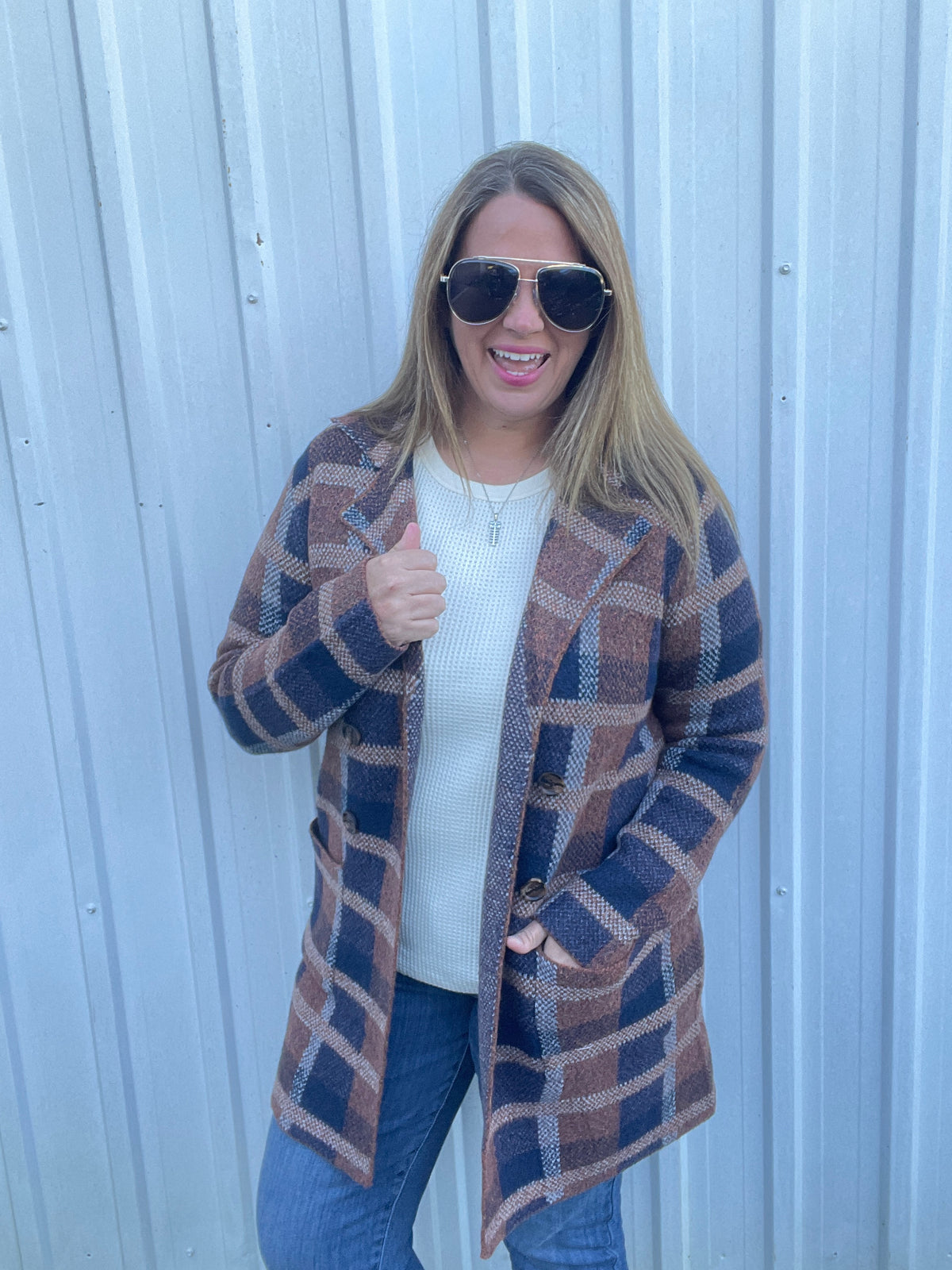COPPER/ NAVY Check Jacquarded, Tailored Collar CARDIGAN