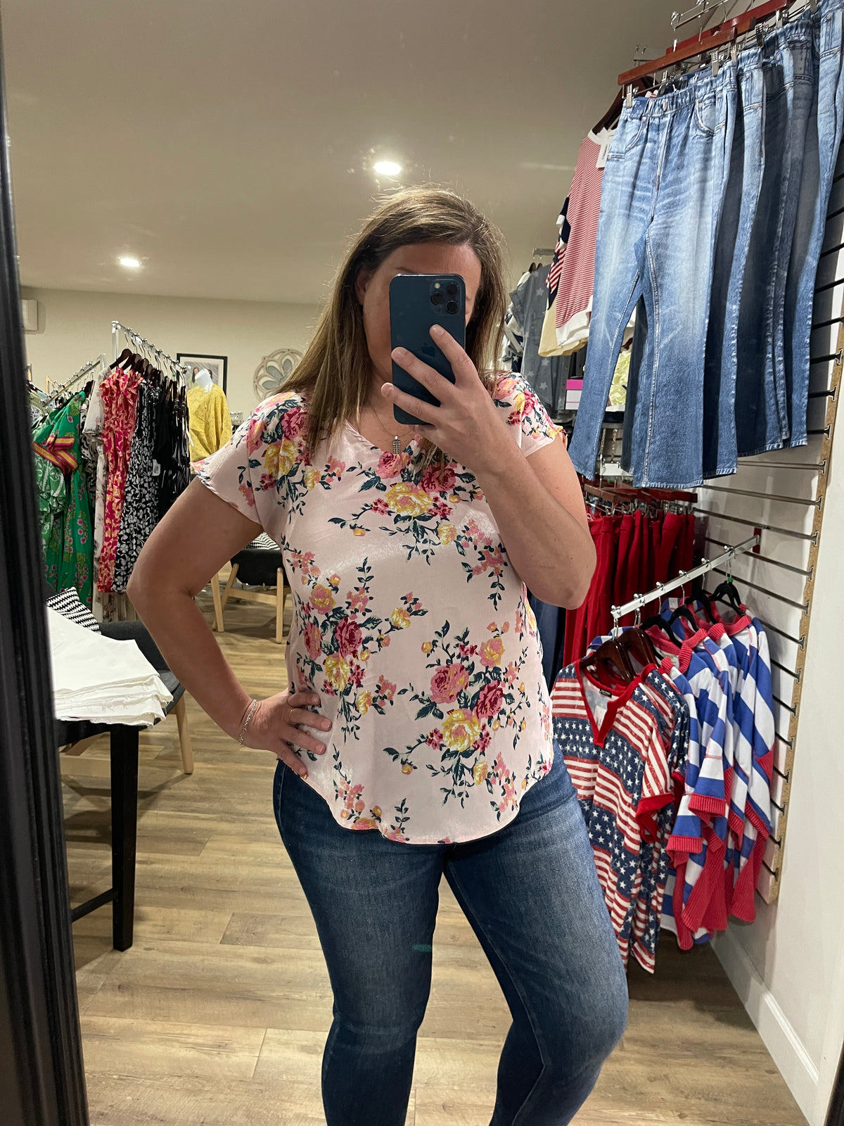 PINK FLORAL V NECK WOVEN TOP
