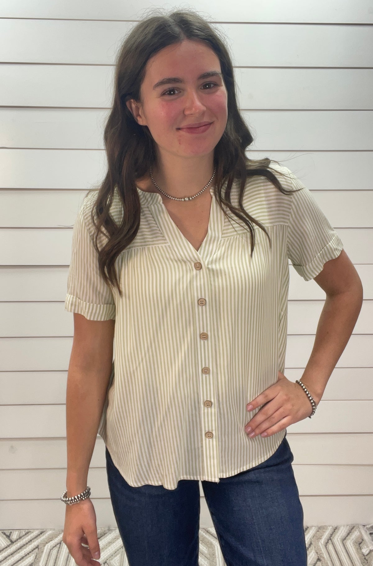 SAGE GREEN/CREAM STRIPED BUTTON DOWN V NECK WOVEN TOP