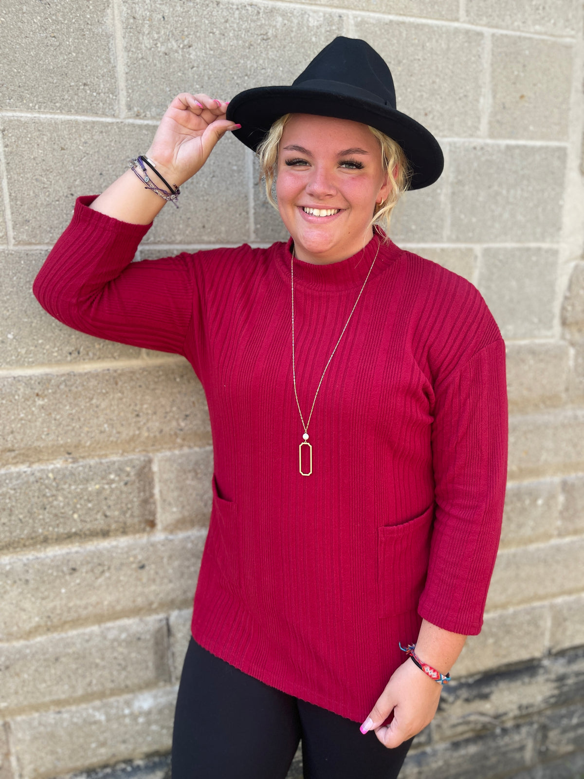 RED RIBBED BRUSHED KNIT POCKET TUNIC