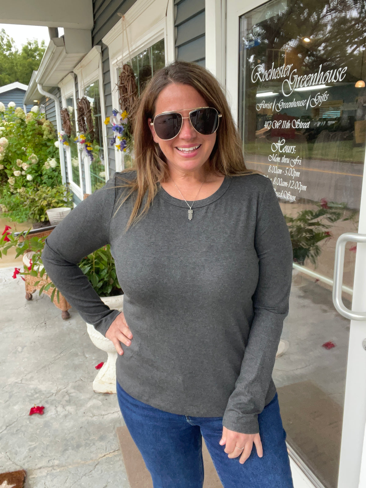 Charcoal Crew Neck, Long Sleeve, Heavy Rayon Jersey, Solid Basic Knit Top