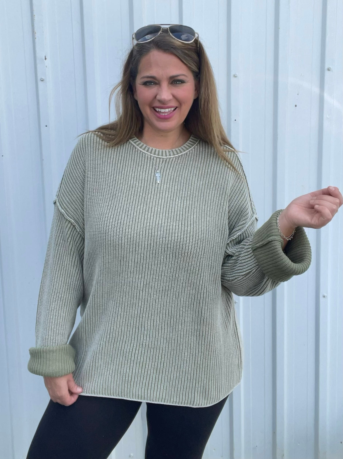 Light Olive Washed Ribbed Long Sleeve Folded Cuff Knit Sweater