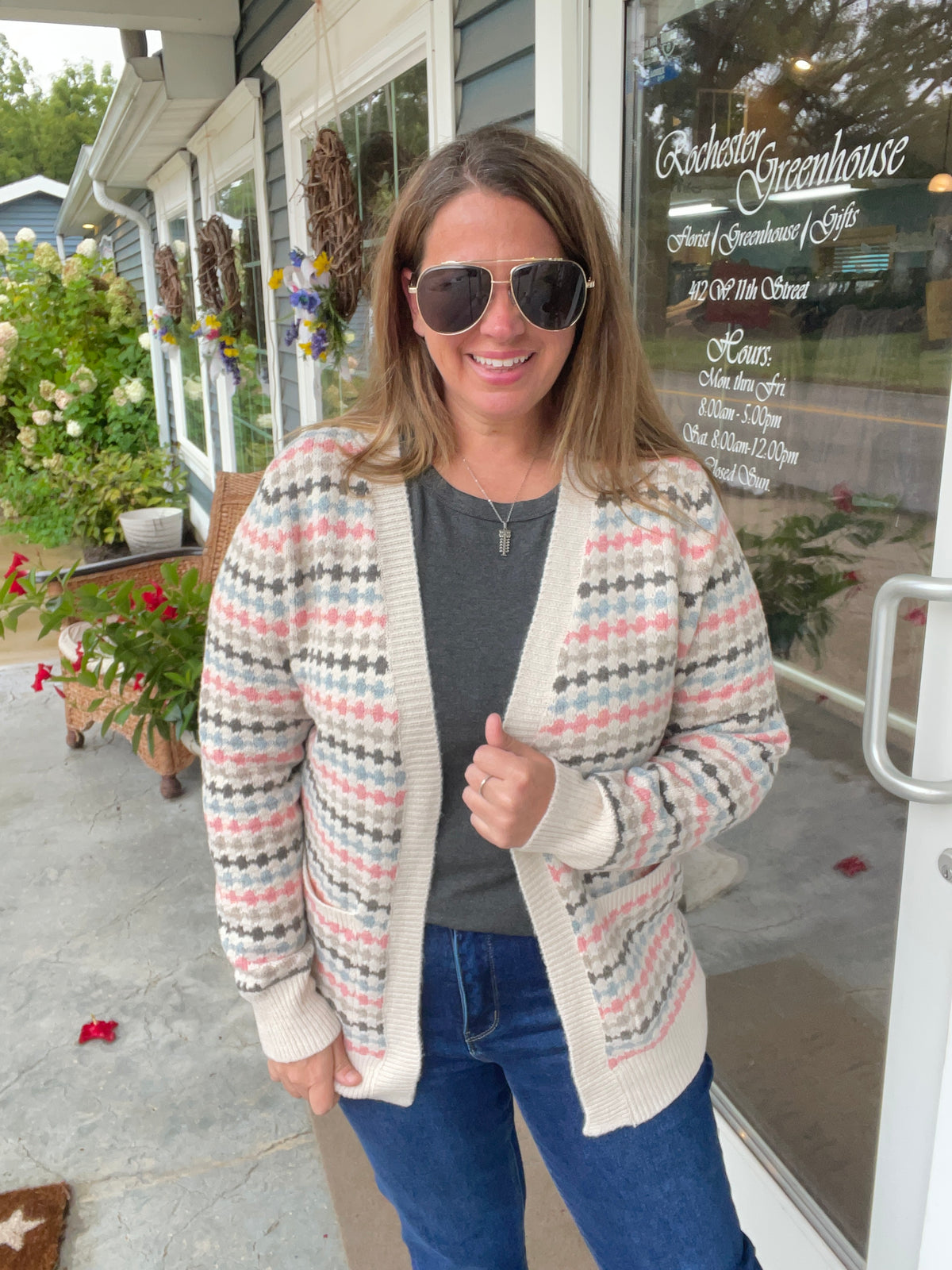 PINK/TAUPE Multi Color Texture, Open Front Sweater Cardigan