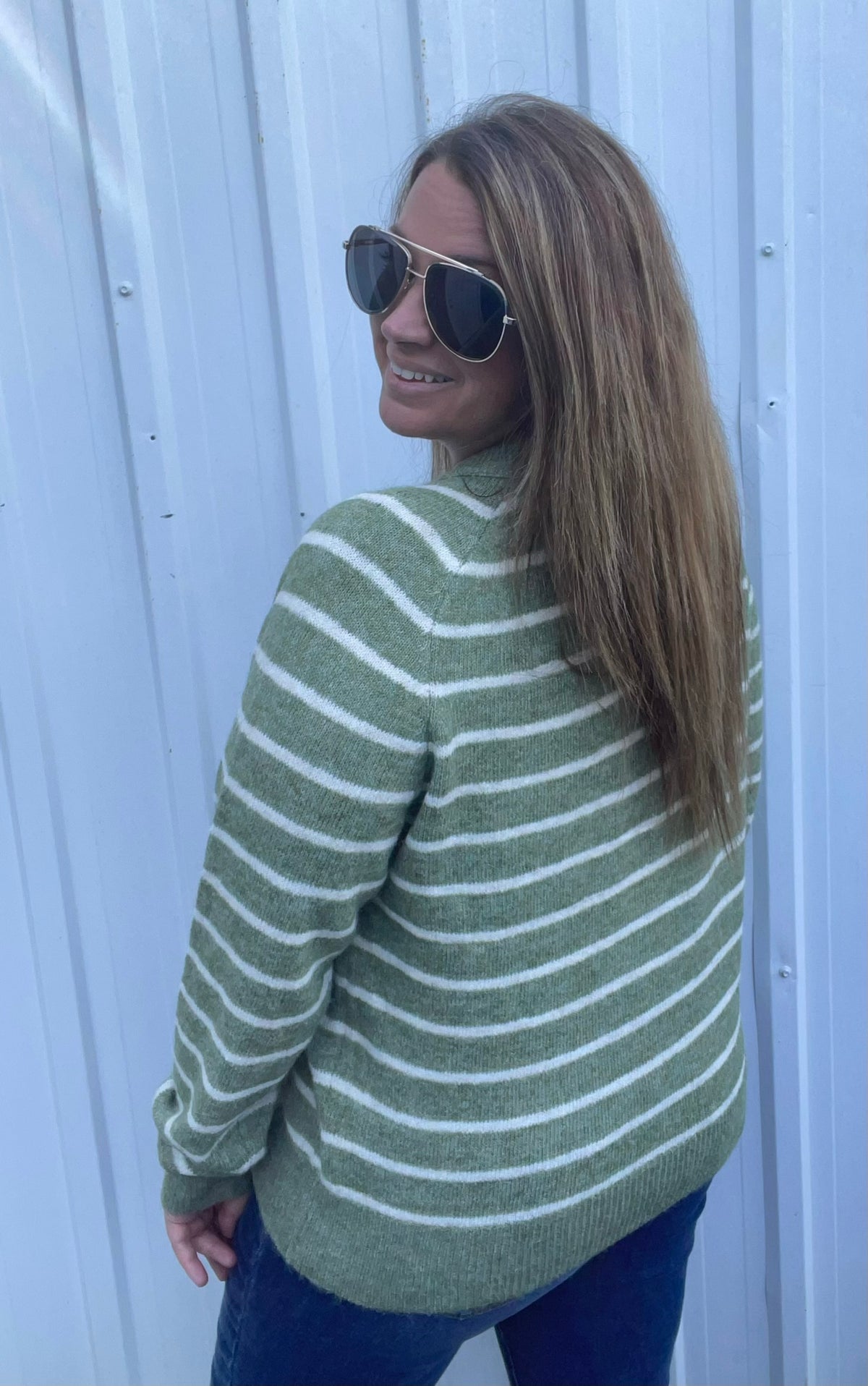 DARK SAGE Striped, Half Buttons, Raglan Sleeve, Pullover SWEATERS