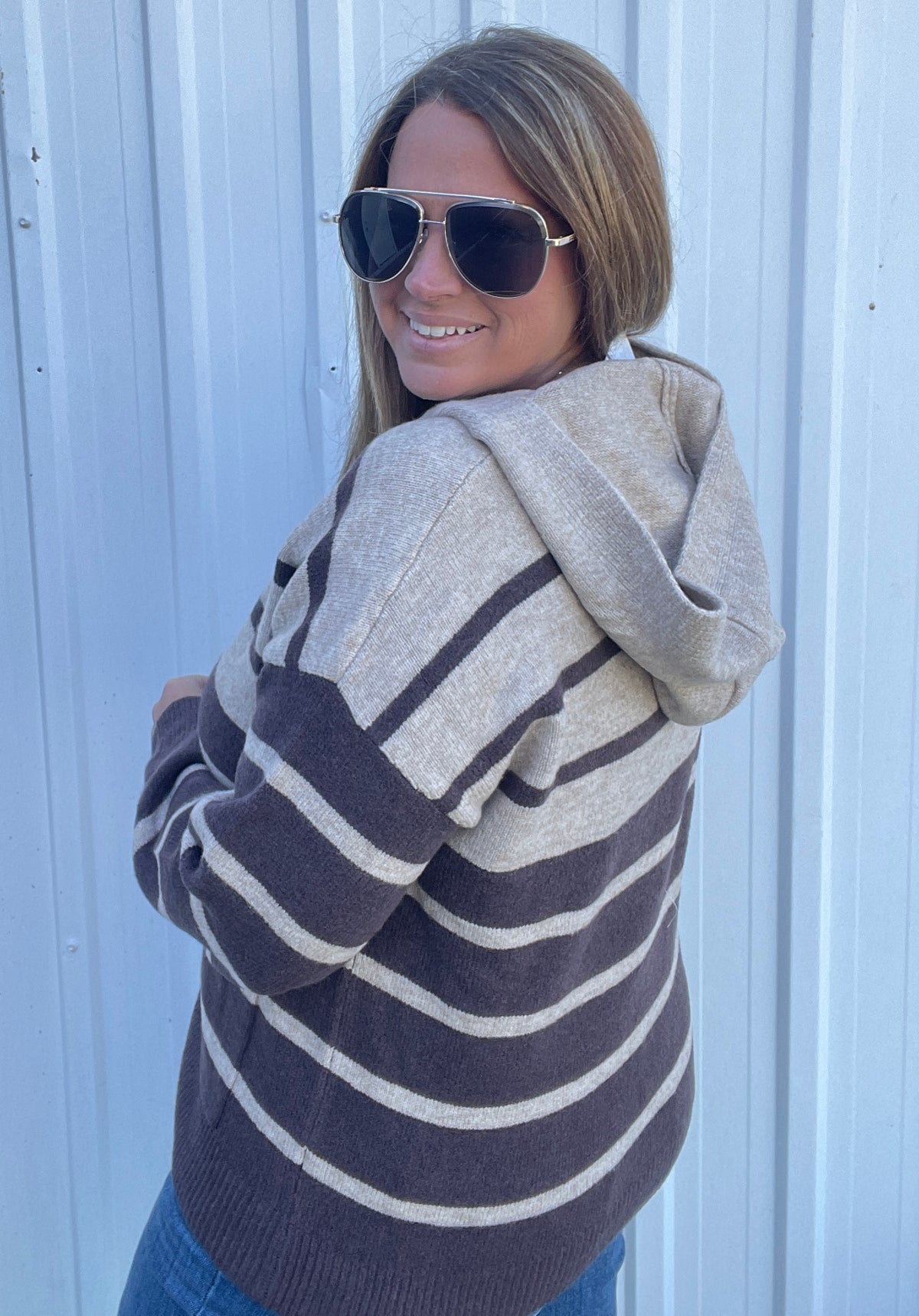 DARK MOCHA Striped, Hoodie, Button Down, Cardigan Sweater With Pocket