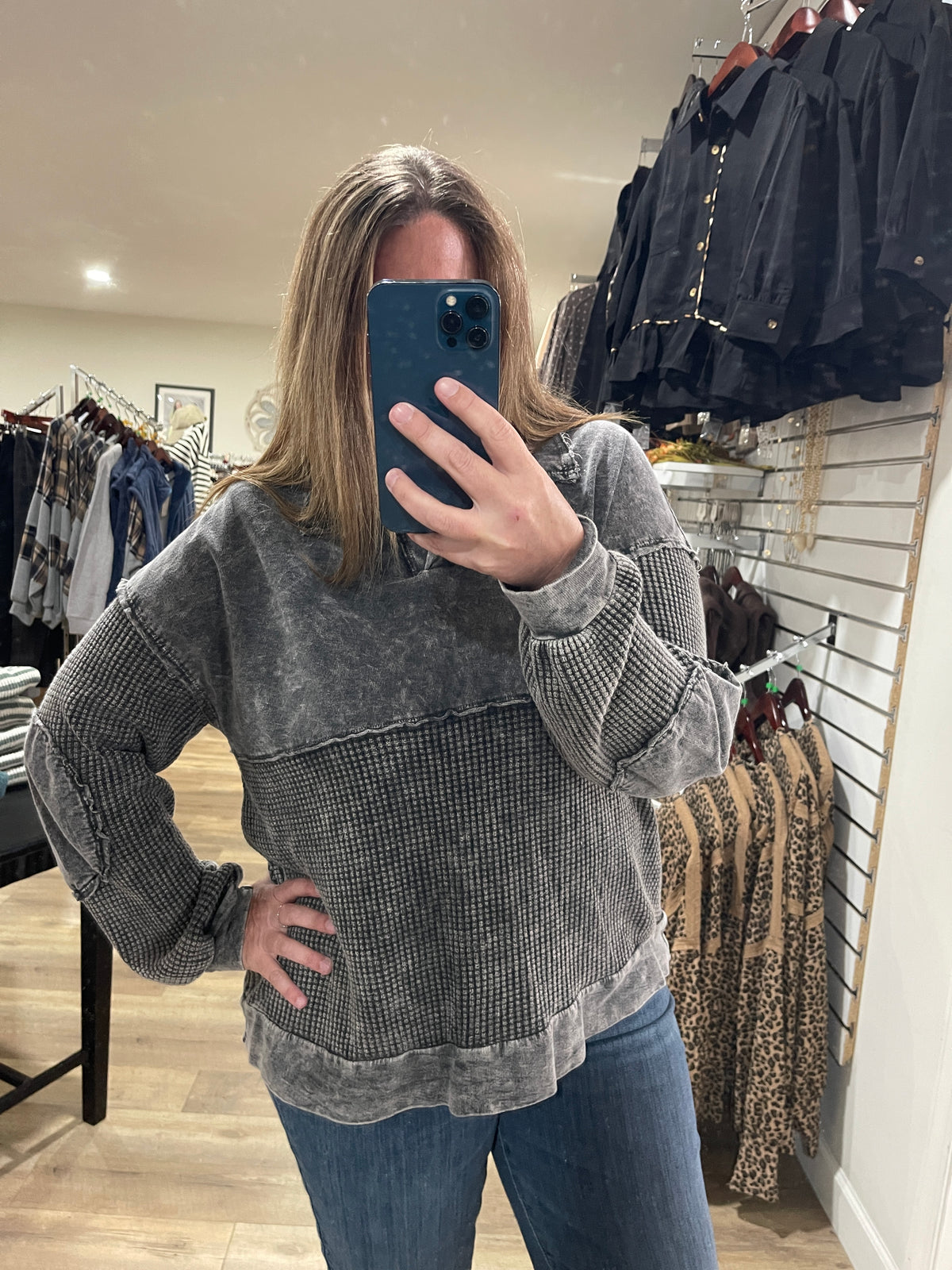 ASHED BLACK MINERAL WASH CONTRAST KNIT TOP