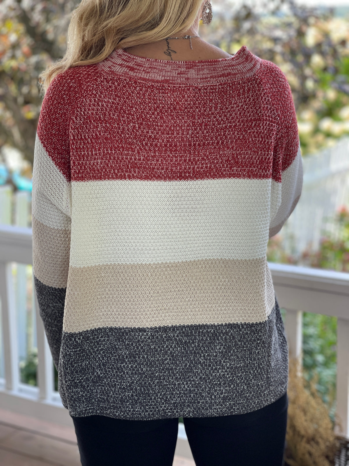 RUST/OATMEAL/CHARCOAL COLORBLOCK  BUTTON SWEATER