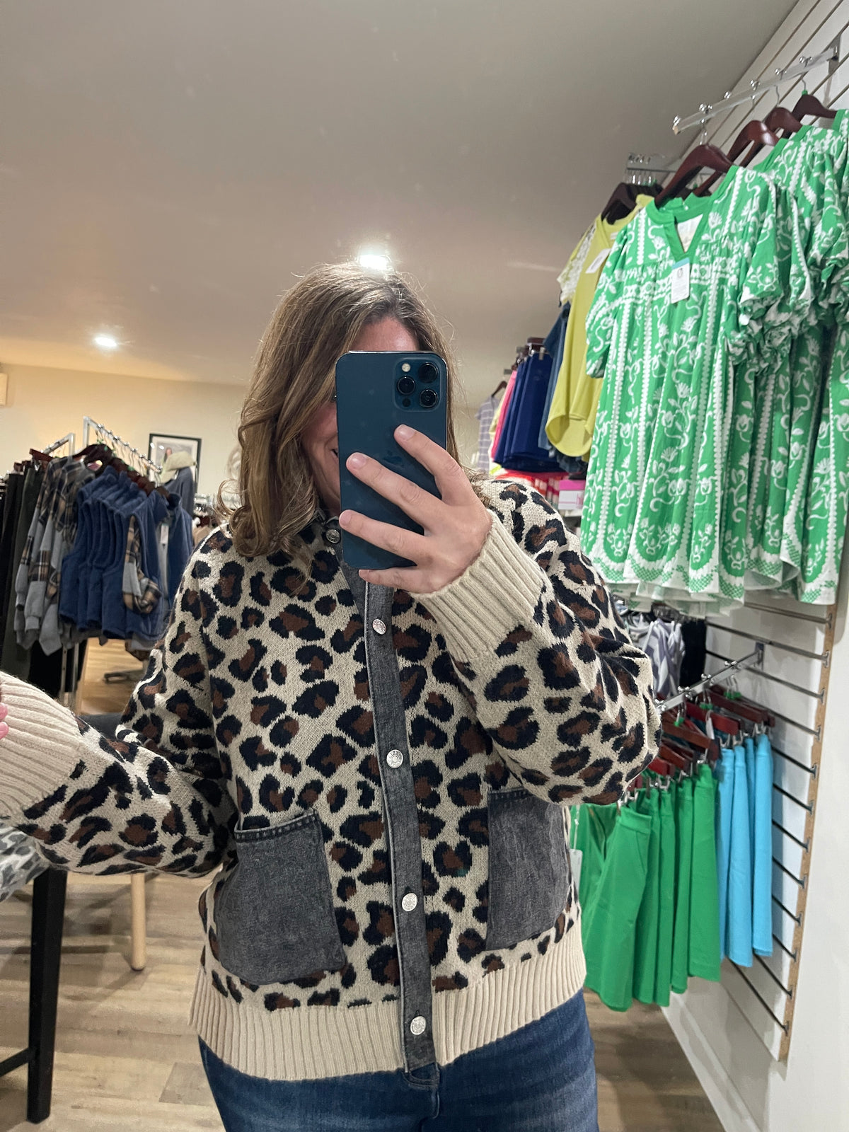 TAUPE/CHARCOAL LEOPARD PRINT BUTTON DOWN SWEATER W/ DENIM TRIM