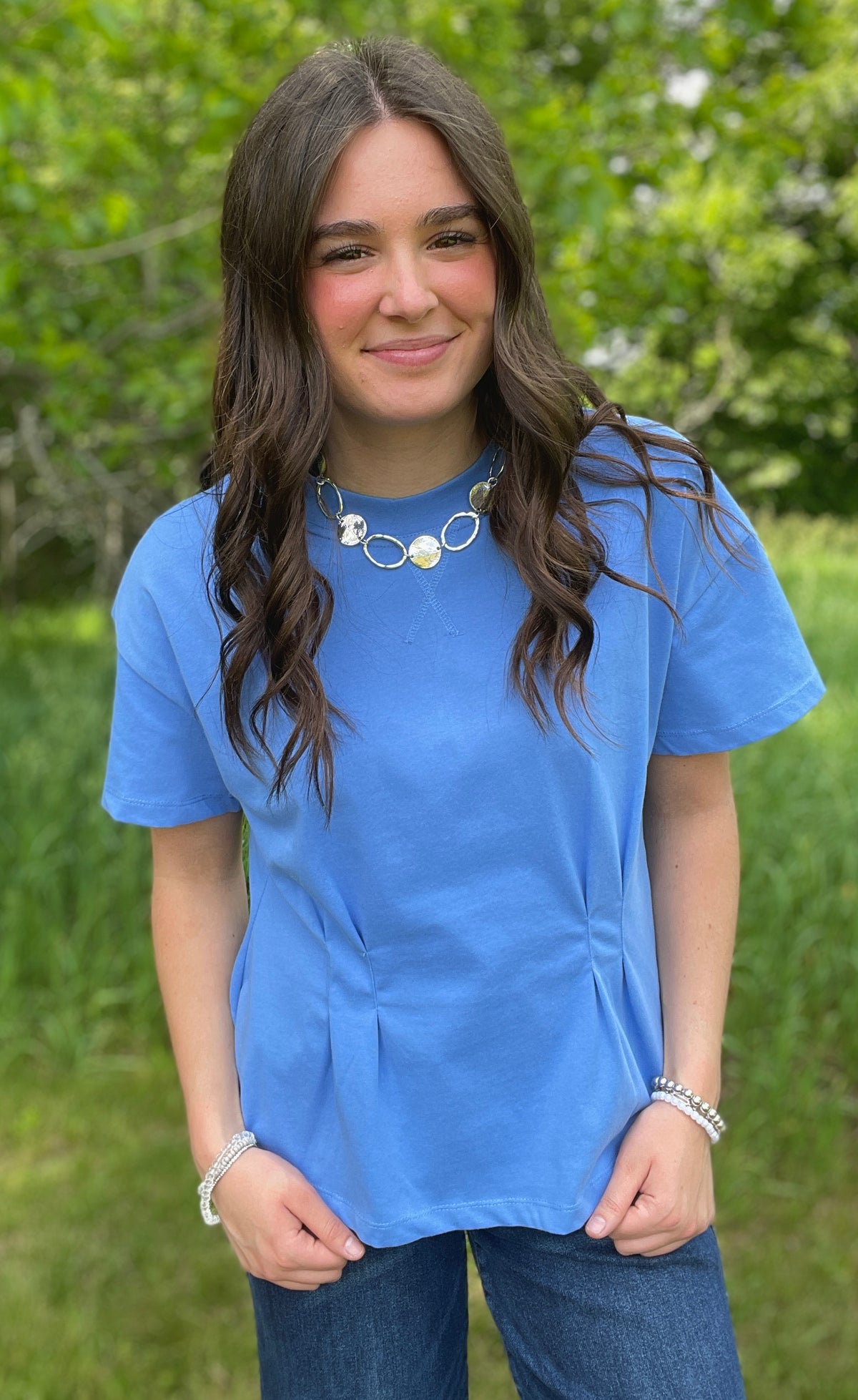 OCEAN BLUE KNIT SHORT SLEEVE TOP W/ PLEATED DETAIL