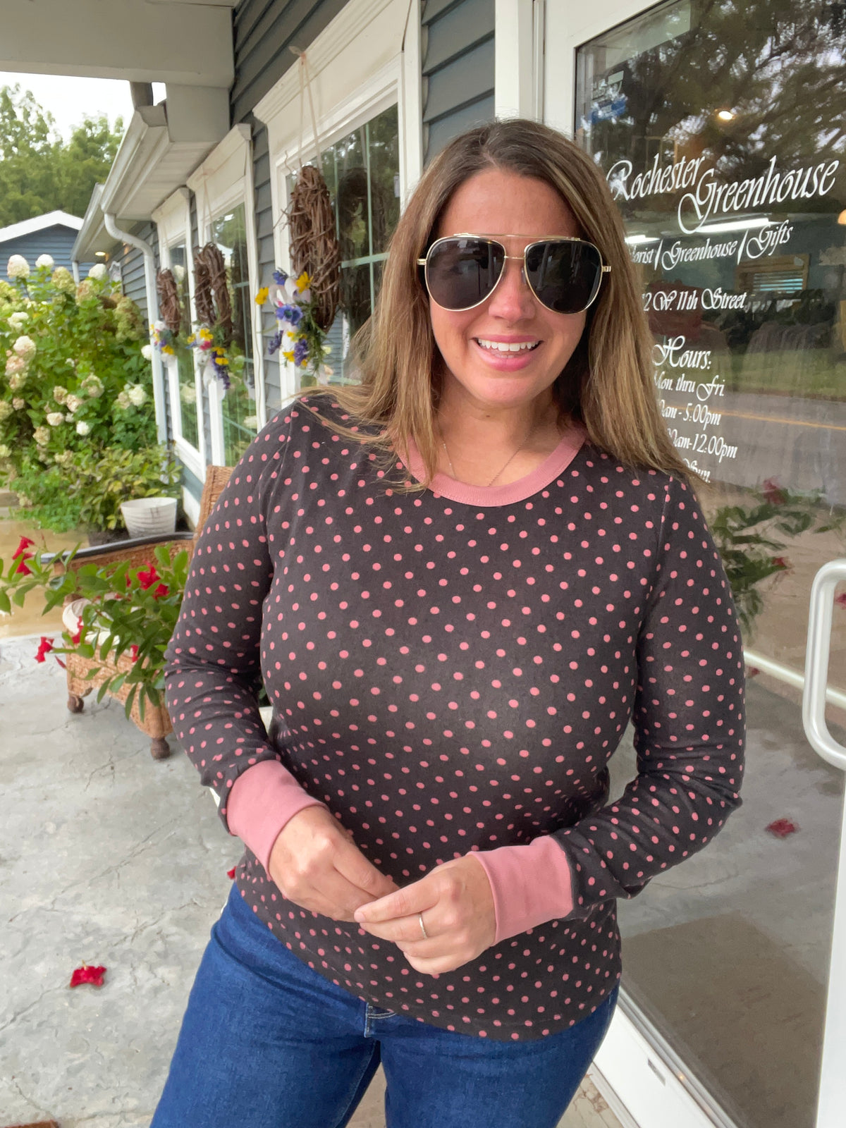 BROWN/PINK Crew Neck, Long Sleeve, Polka Dot Printed Hacci Top