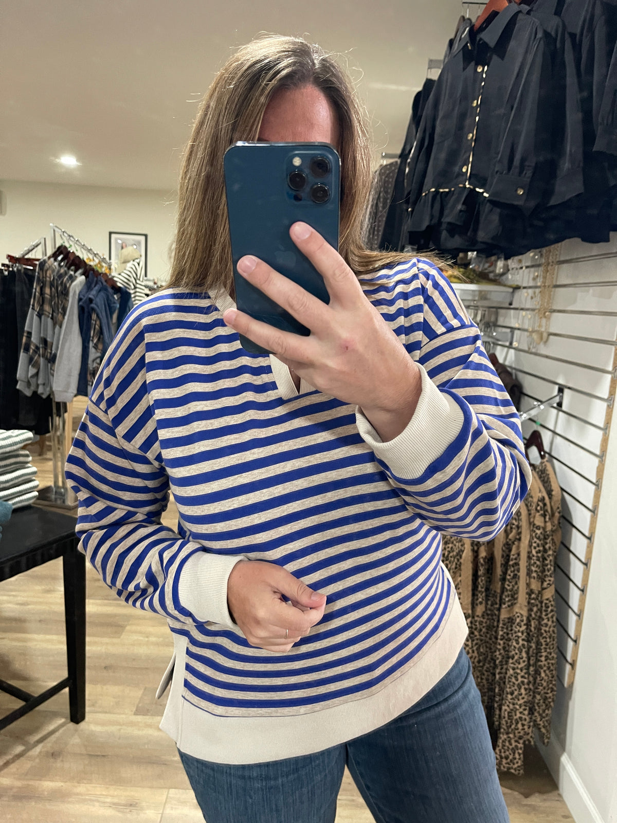 BLUE/OATMEAL Notch Neck Long Sleeve Stripe Top