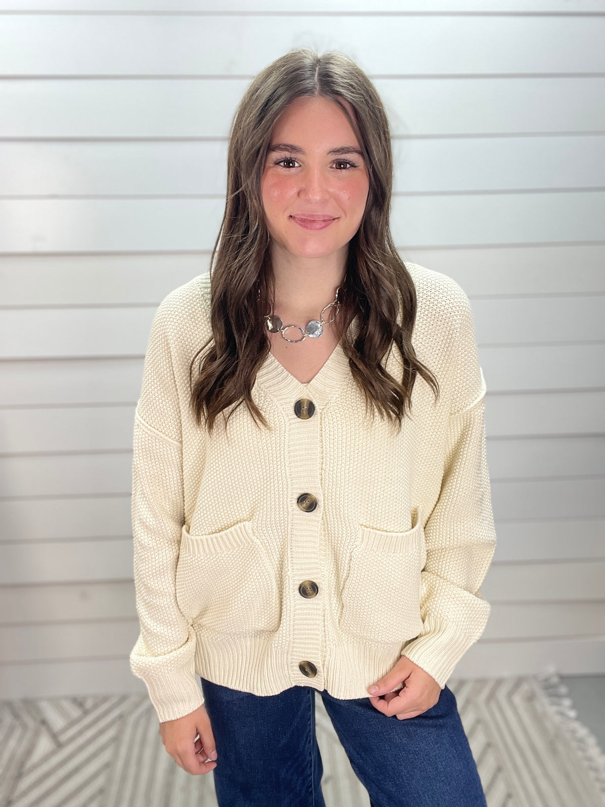 CREAM WAFFLE TEXTURE V NECK SWEATER CARDIGAN