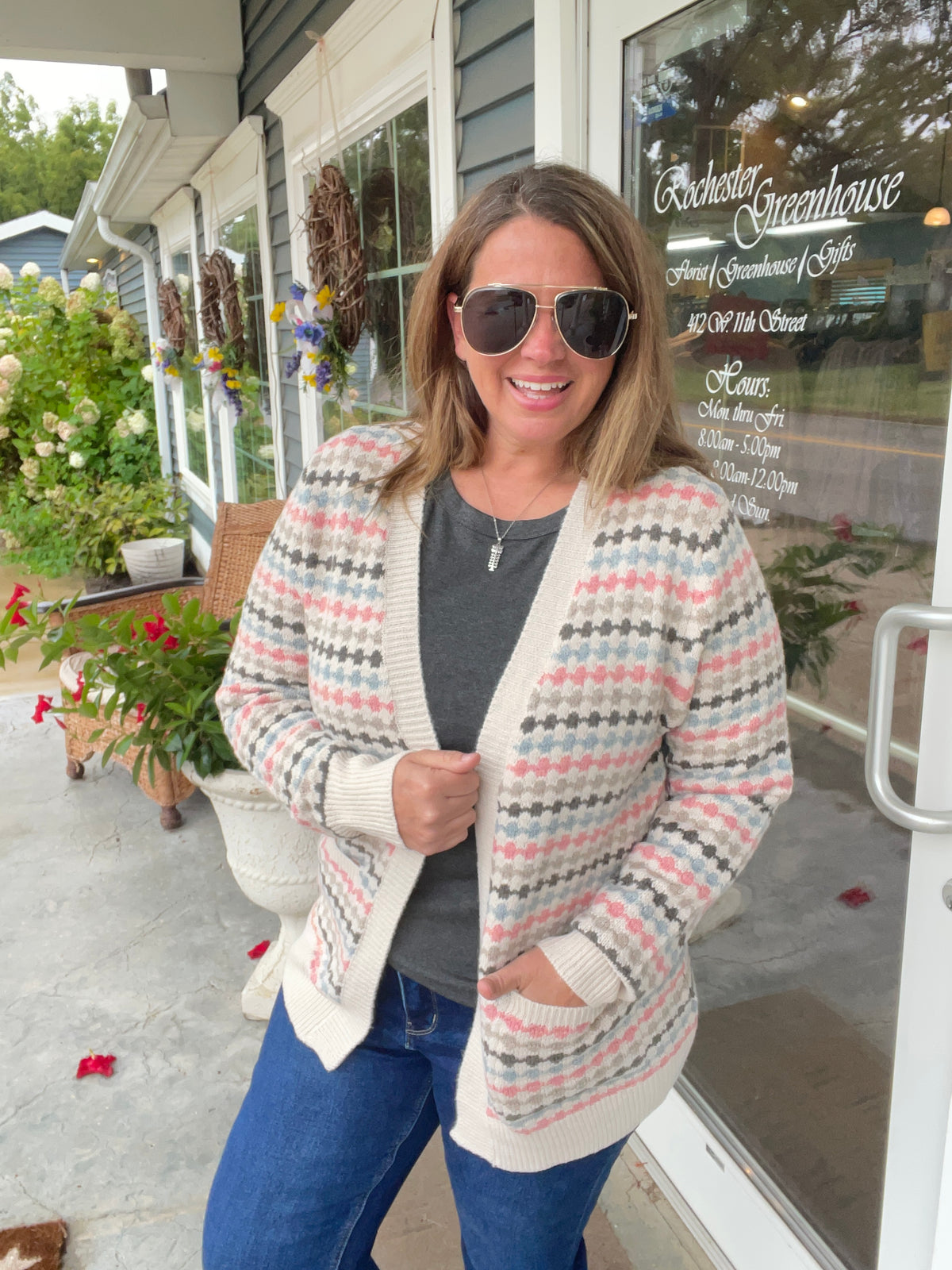 PINK/TAUPE Multi Color Texture, Open Front Sweater Cardigan