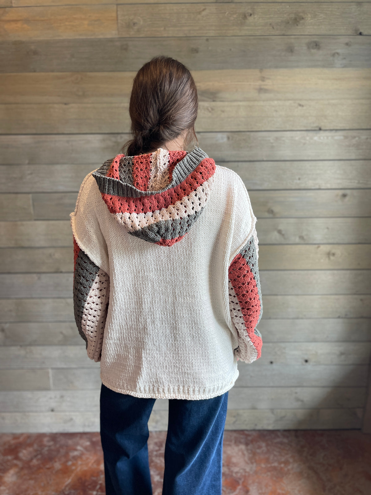 IVORY BUTTON KNIT SWEATER W/ OPEN KNIT COLORBLOCK SLEEVES