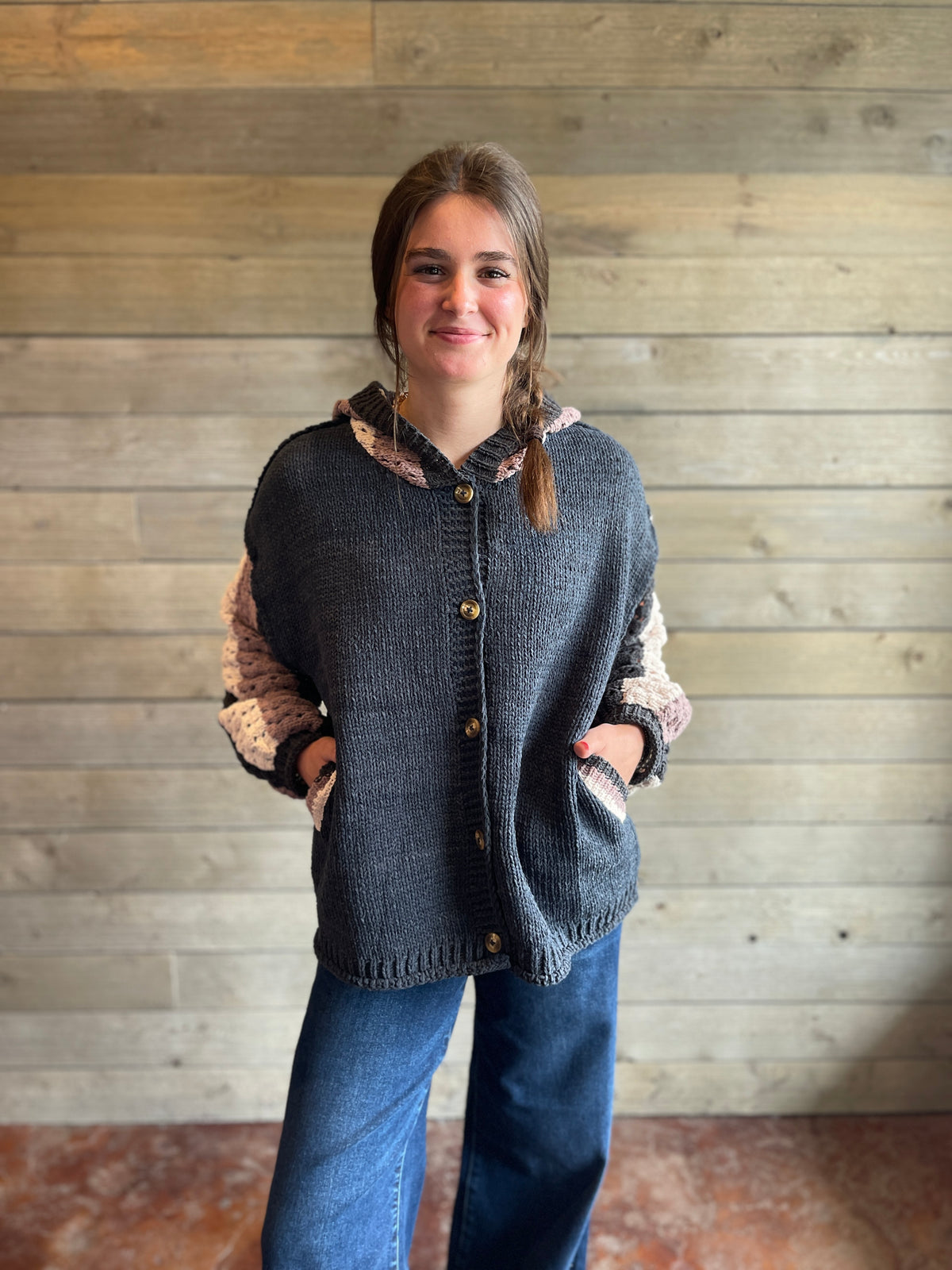NAVY BUTTON KNIT SWEATER W/ OPEN KNIT COLORBLOCK SLEEVES