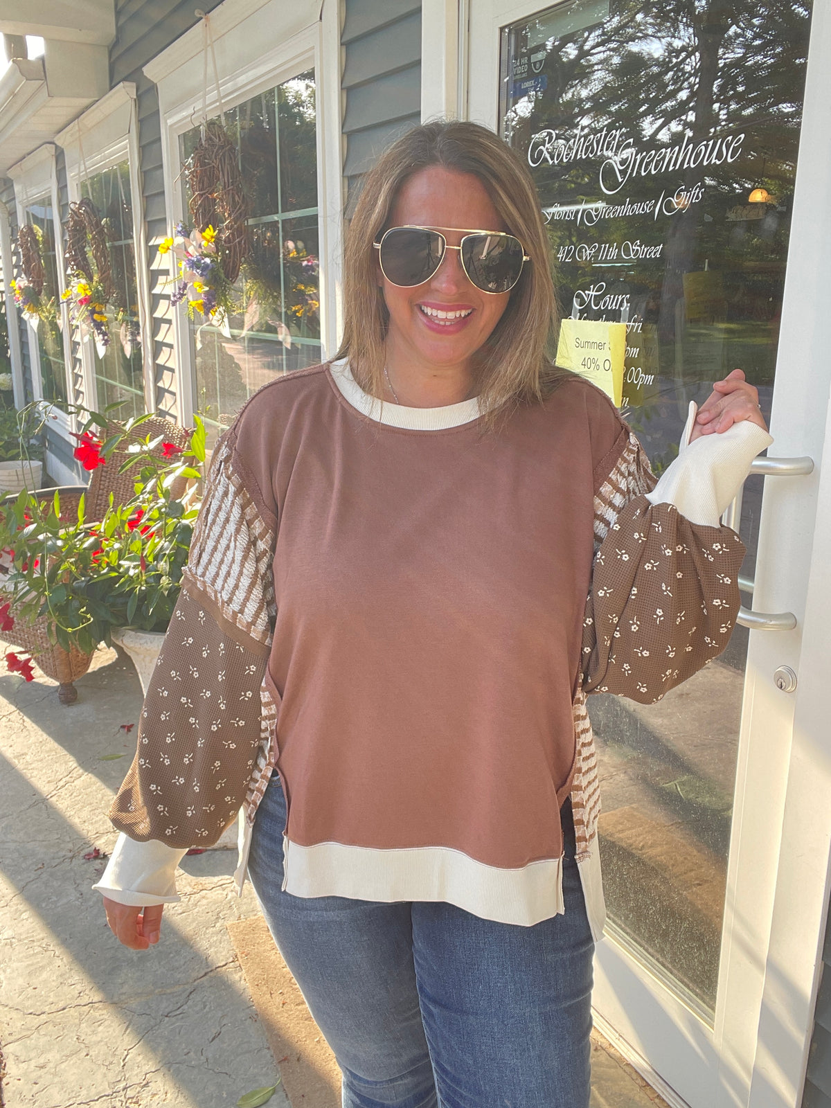 MOCHA STRIPED & FLORAL LOOSE FIT FRENCH TERRY TOP