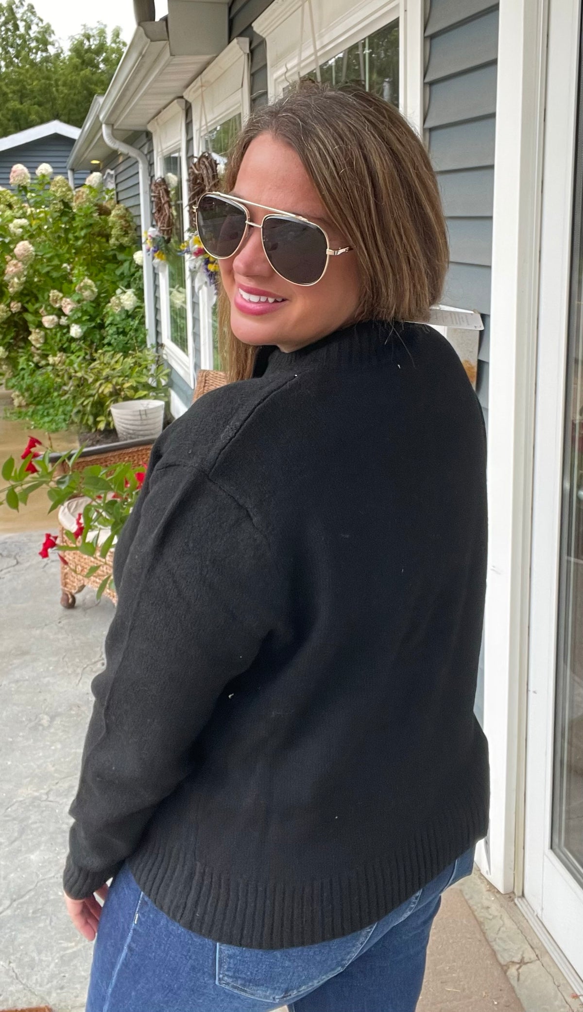 Black Mock Neck Suede Trim Button Down Sweater Jacket