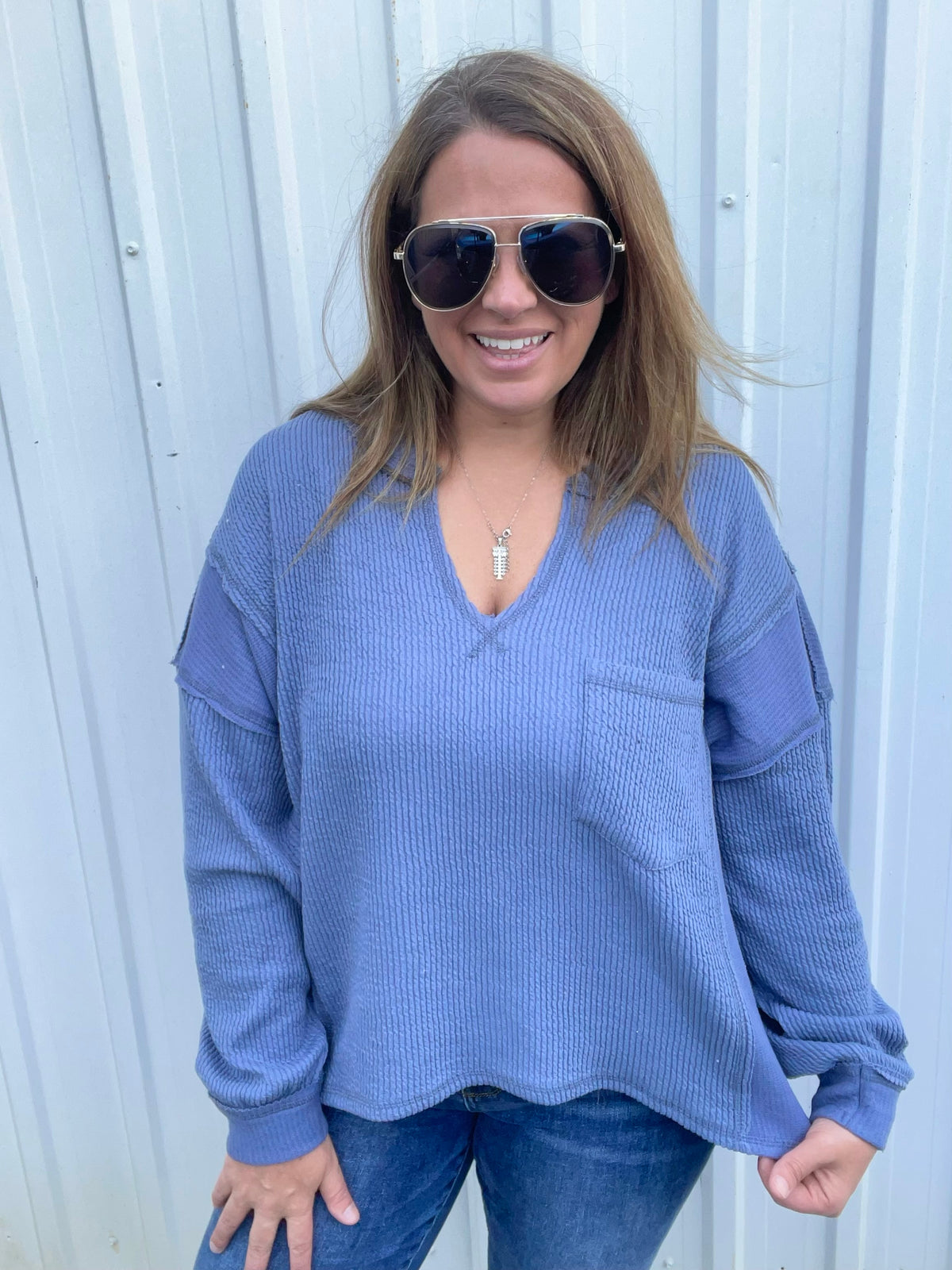 DENIM BLUE TEXTURED LOOSE FIT V NECK KNIT TOP