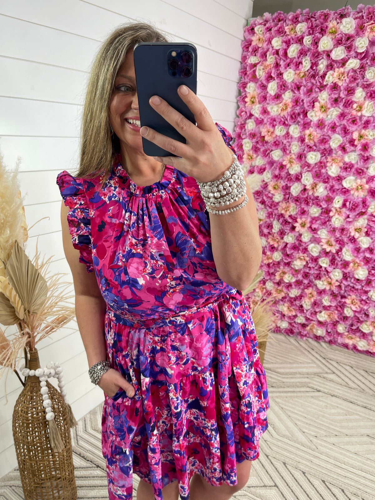 FUCHSIA/PURPLE FLORAL TIE DRESS