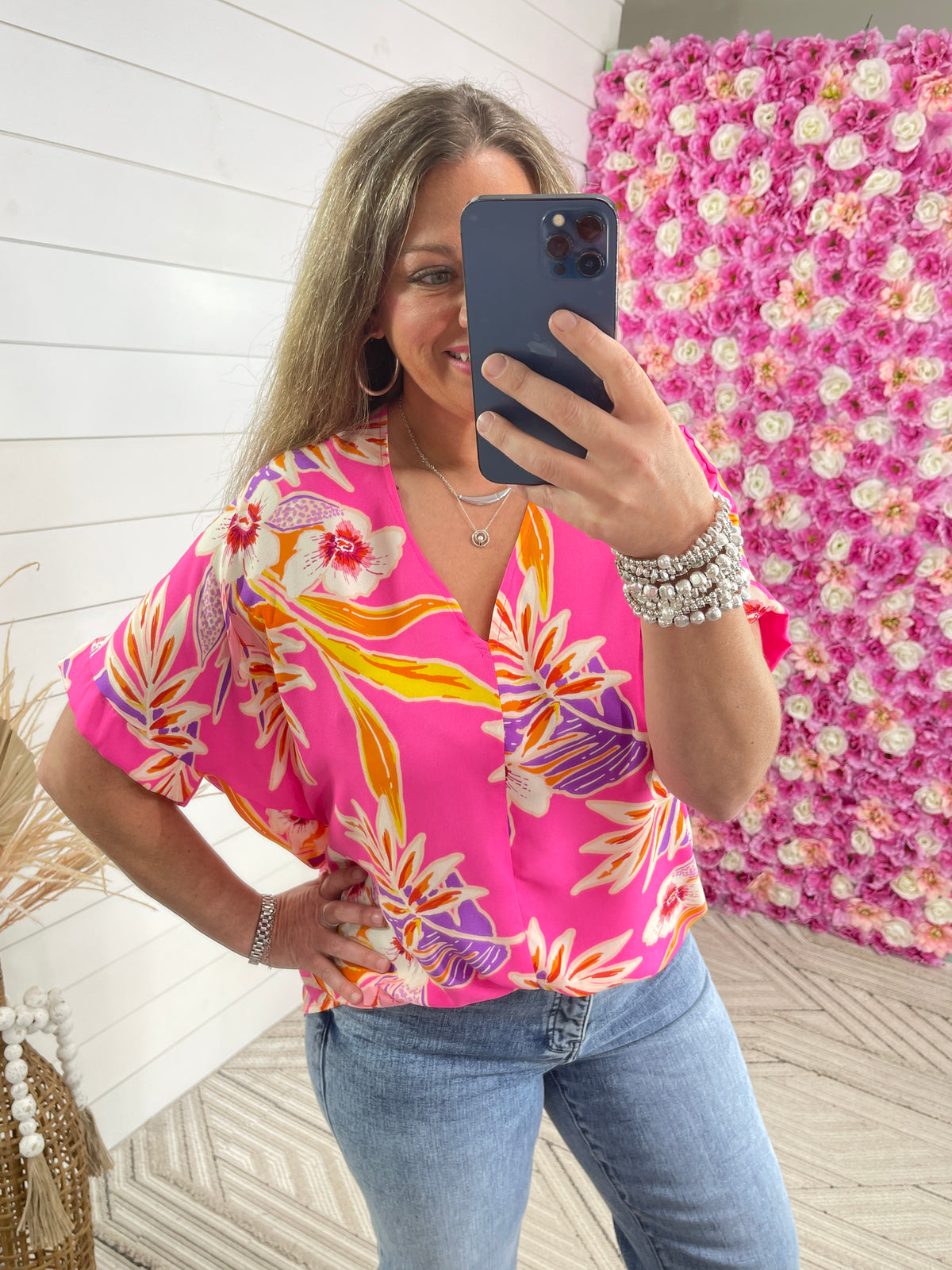 NEON PINK TROPICAL FLORAL TOP