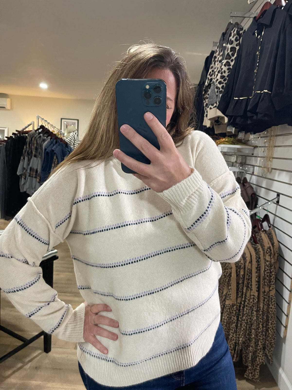 OATMEAL/LAVENDER Texture Multi Striped, Crew Neck, Long Sleeve knit sweater