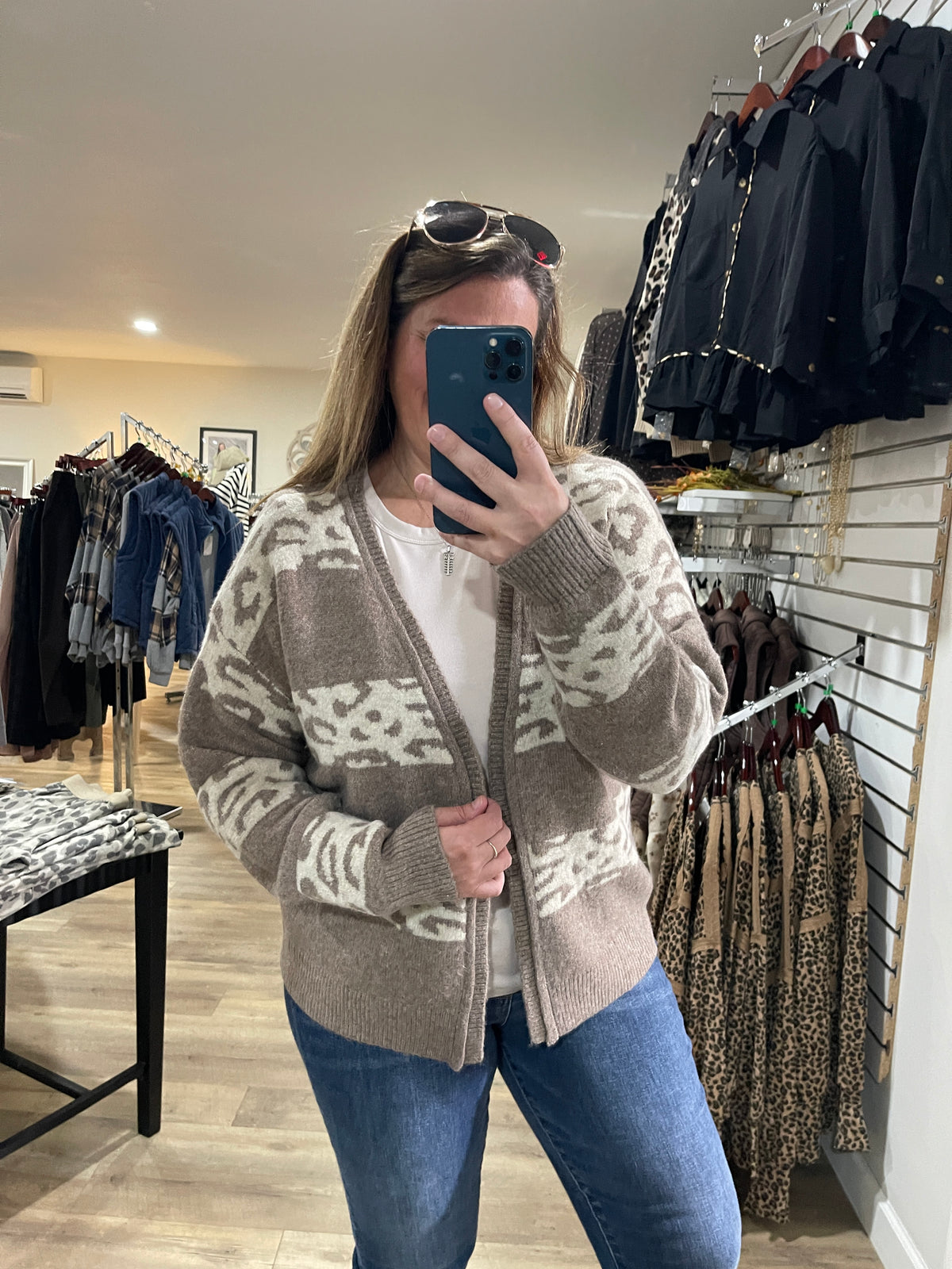 LT MOCHA Leopard Stripe Color Blocked, Open Front SWEATER CARDIGAN