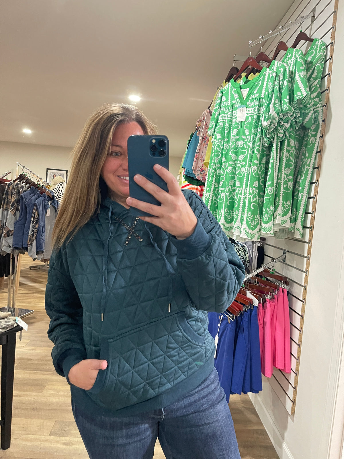 Dark Teal Quilted Hoodie Pullover Top With Contrast Floral Print