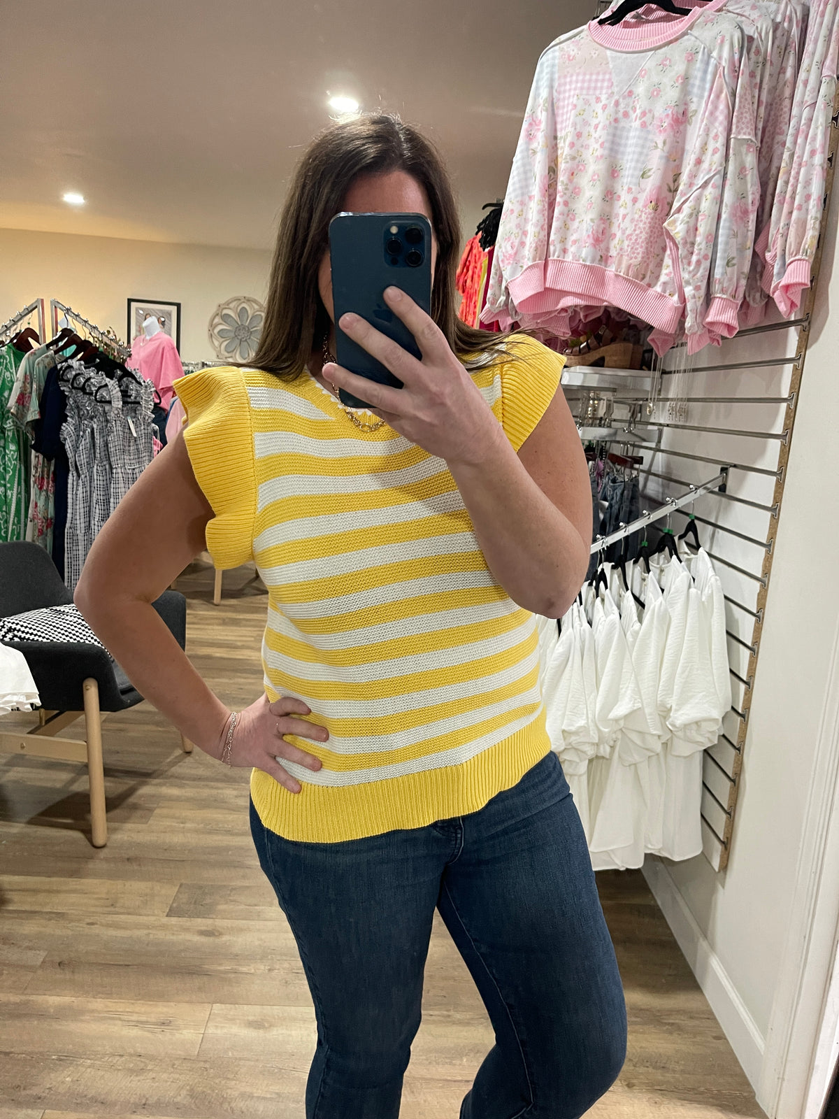 YELLOW/WHITE STRIPED SWEATER KNIT W/ RUFFLE SLEEVE
