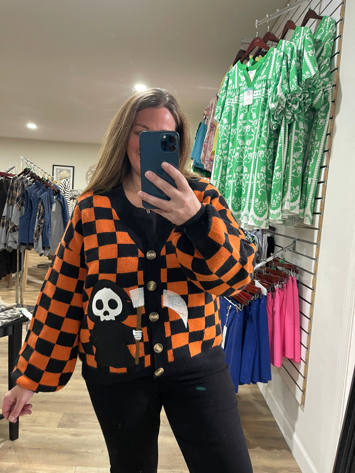 ORANGE/BLACK CHECK GRIM REAPER CARDIGAN