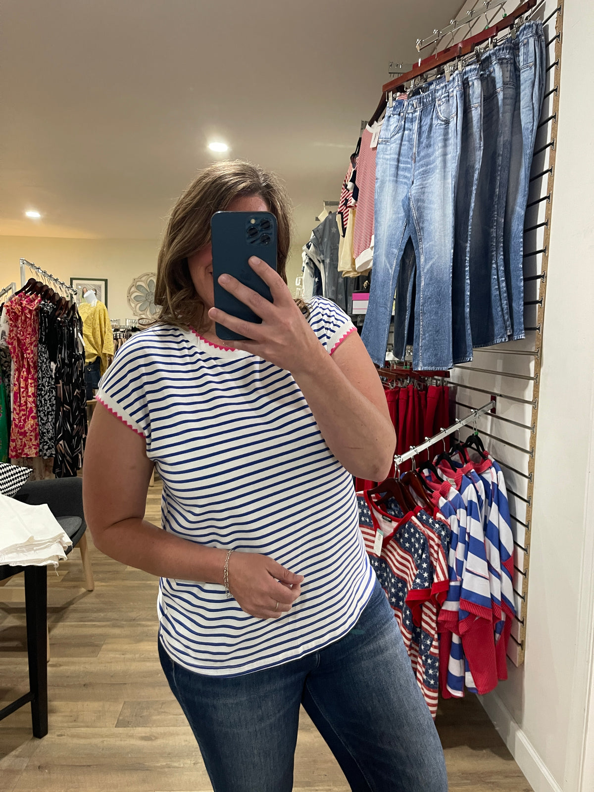 BLUE/WHITE STRIPED KNIT TOP W/ PINK TRIM