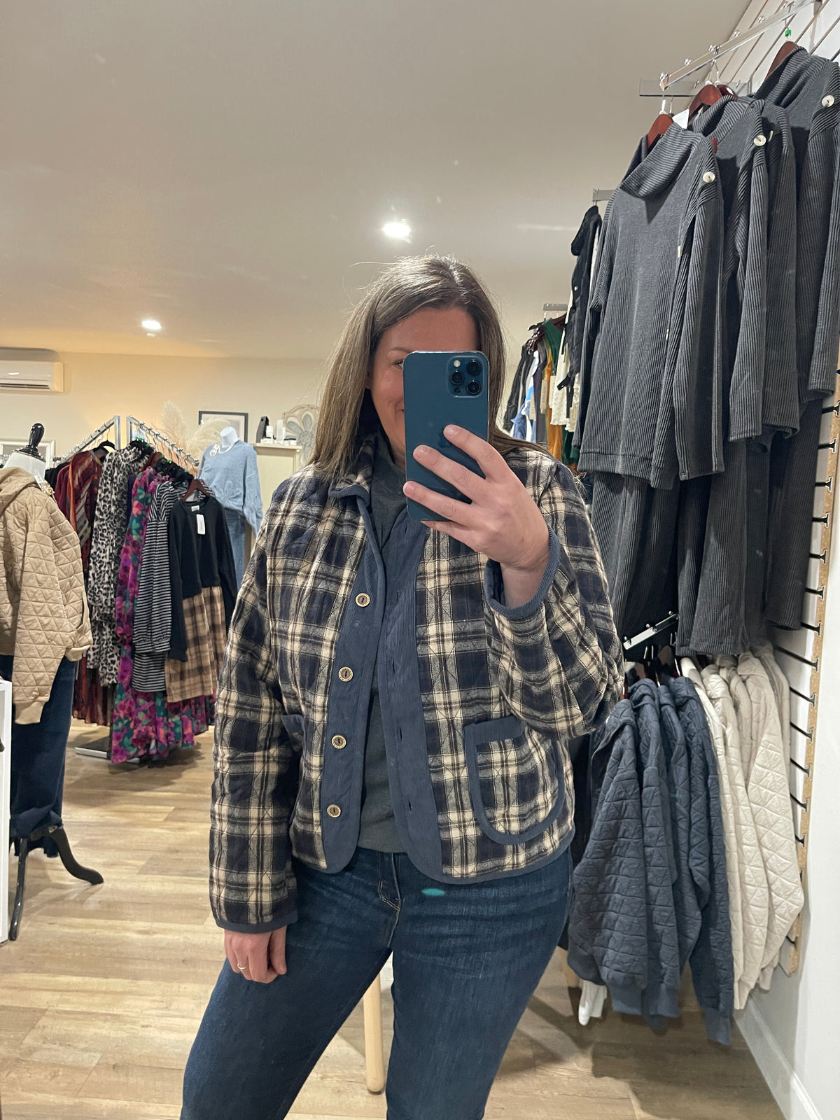 NAVY PLAID QUILTED/CORD ACCENT JACKET