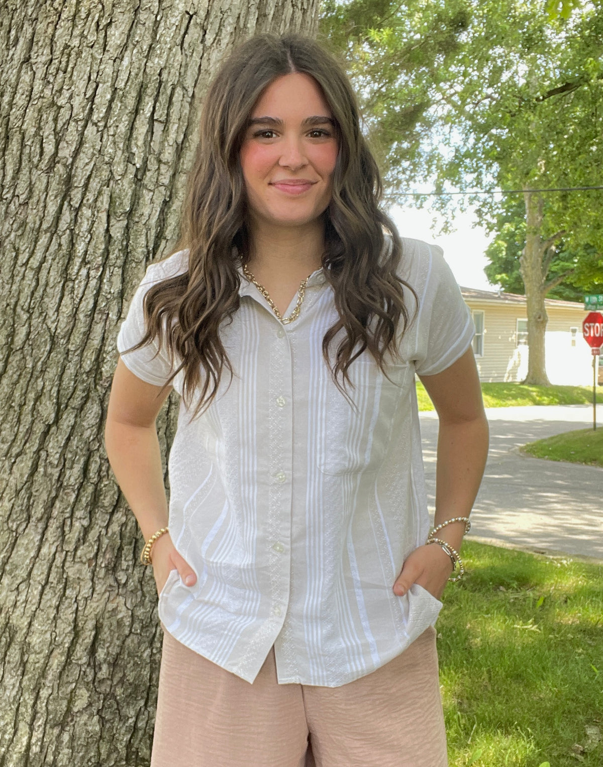 SAND/CREAM STRIPE DETAIL BUTTON FRONT WOVEN TOP