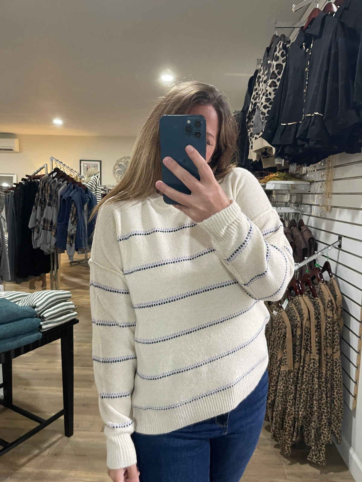 OATMEAL/LAVENDER Texture Multi Striped, Crew Neck, Long Sleeve knit sweater