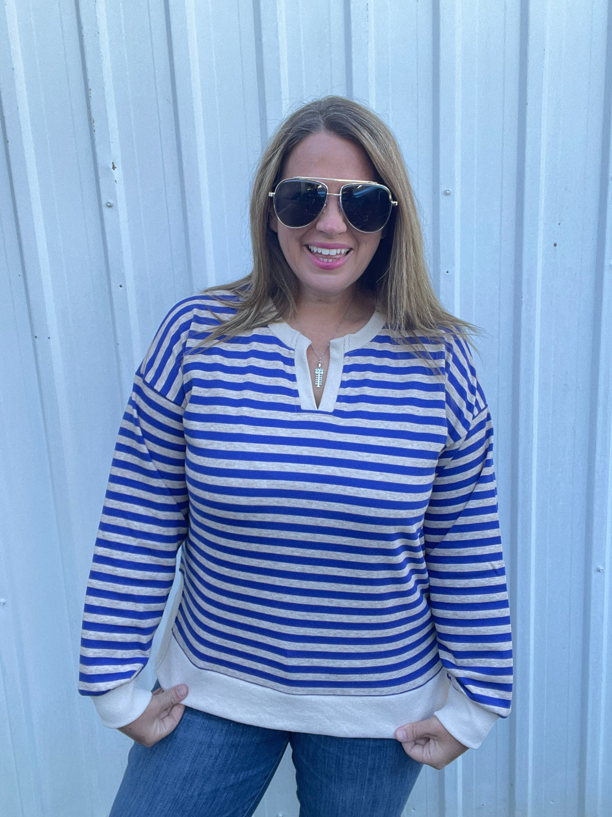 BLUE/OATMEAL Notch Neck Long Sleeve Stripe Top