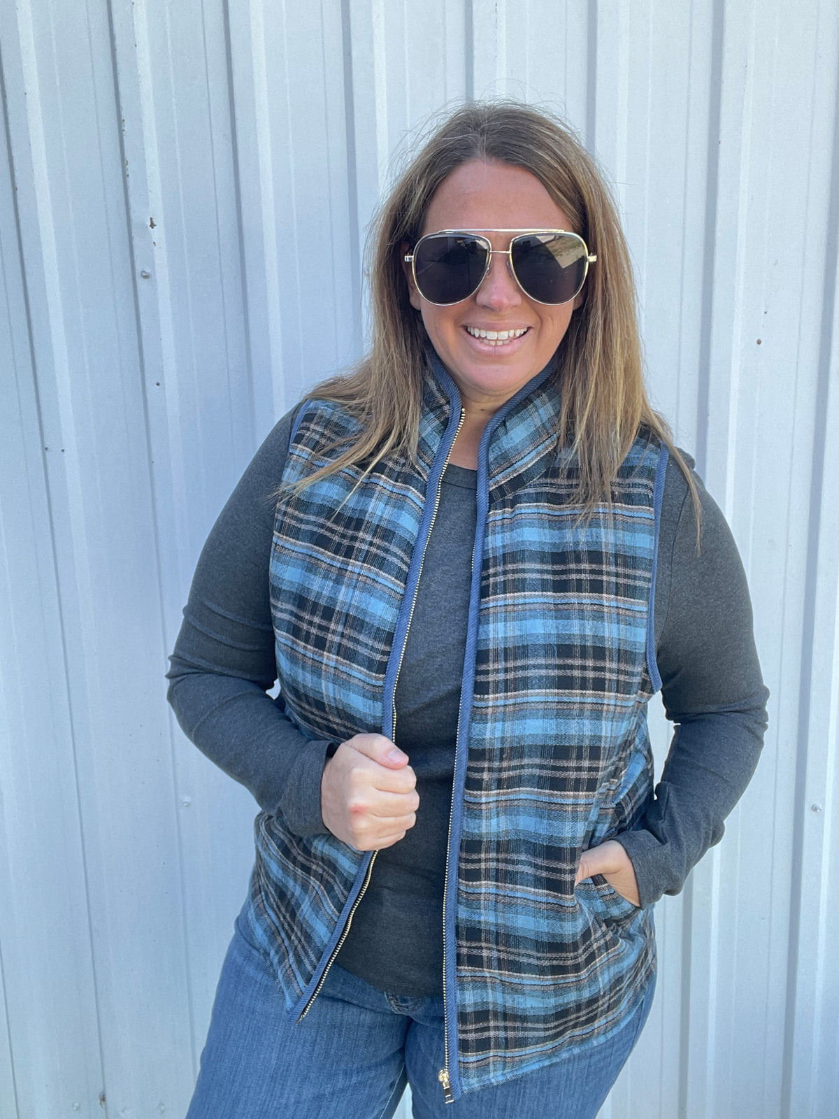 BLUE Contrast Binding, Zip Up Front, Plaid Puffer Vest