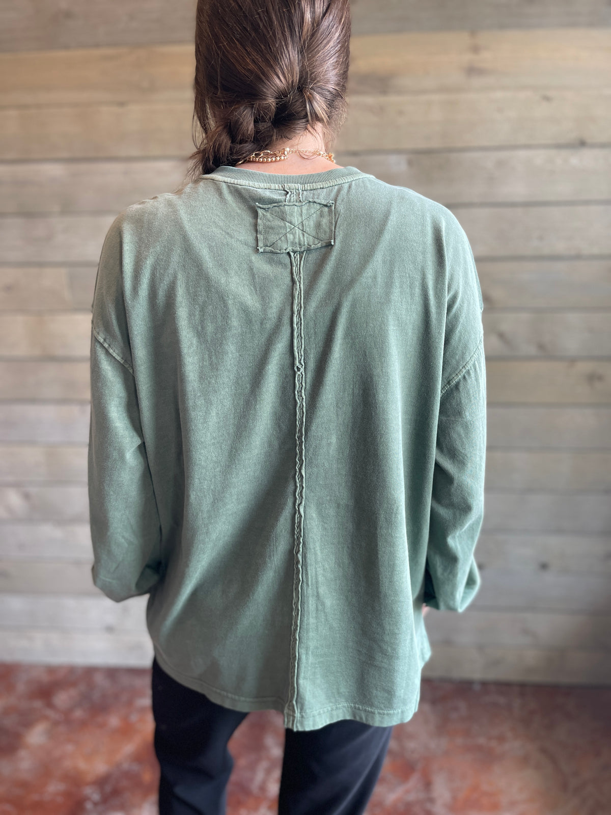 DUSTY GREEN MINERAL WASH LONG SLEEVE TOP