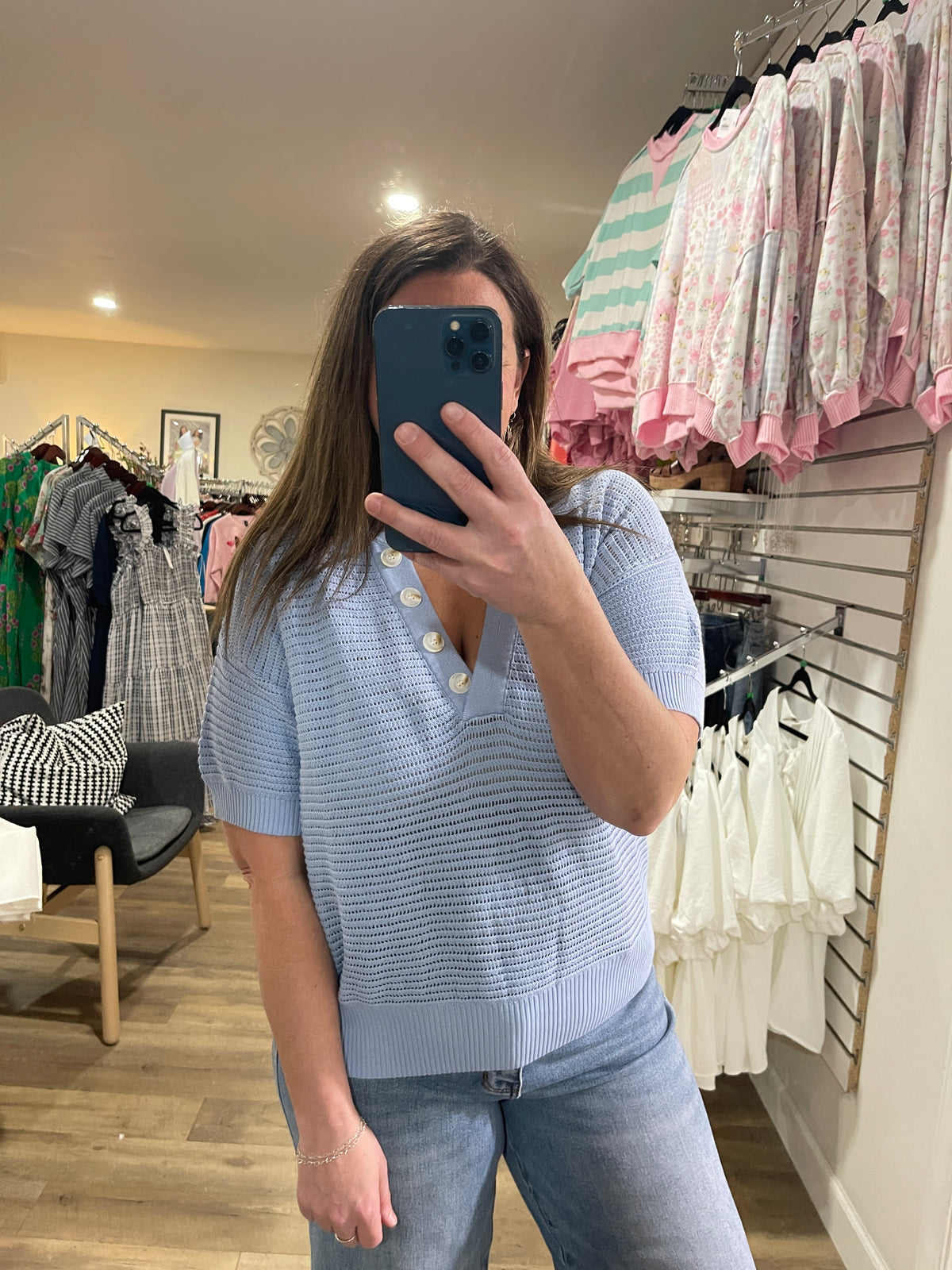 BLUE OPEN KNIT BUTTON SHORT SLEEVE SWEATER