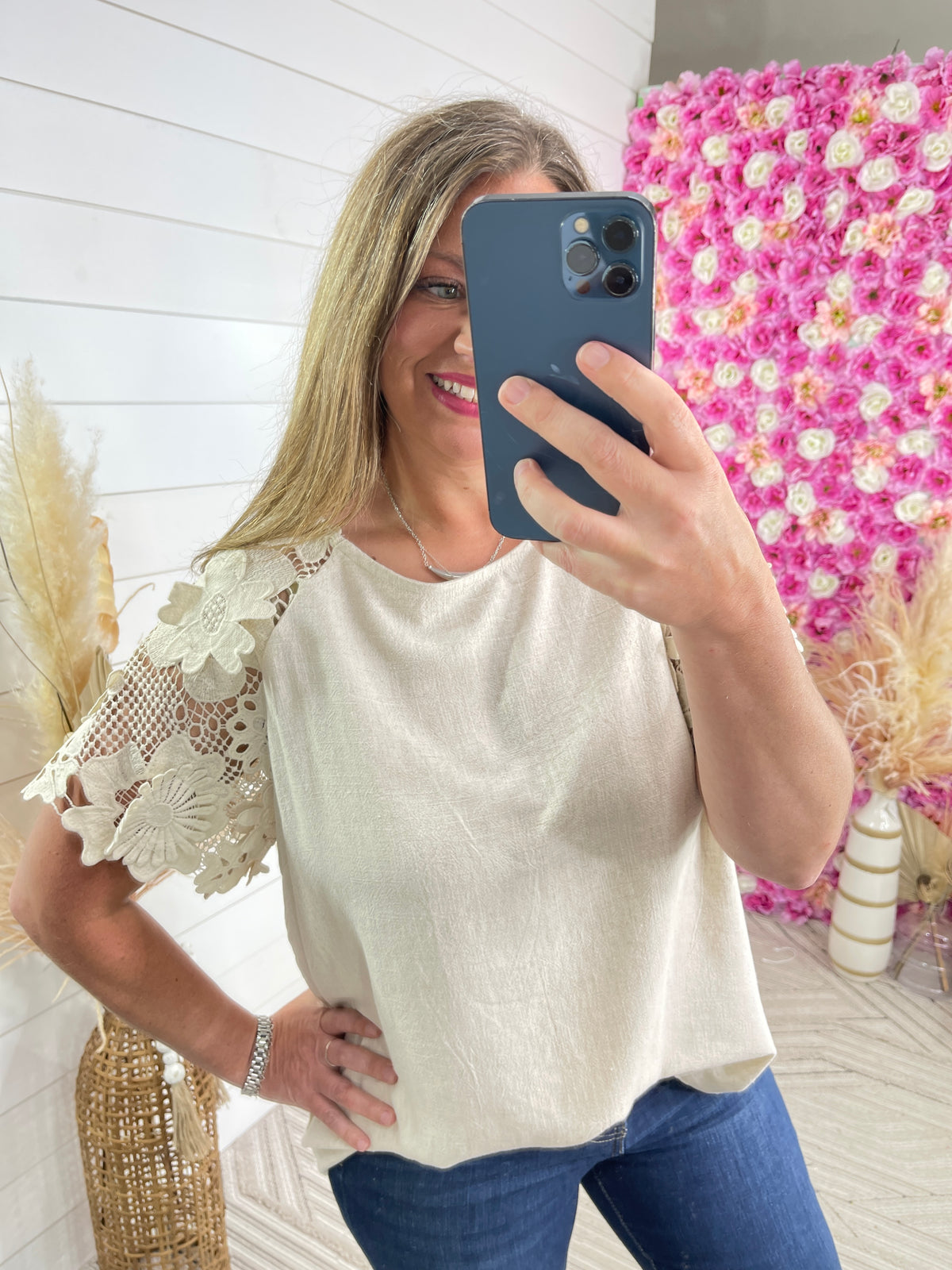 OATMEAL 3D FLORAL LACE RAGLAN TOP