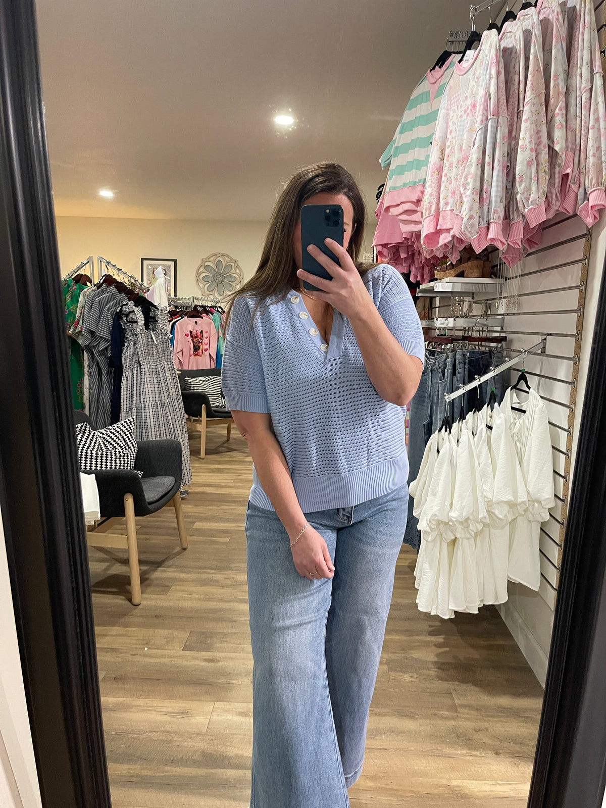 BLUE OPEN KNIT BUTTON SHORT SLEEVE SWEATER