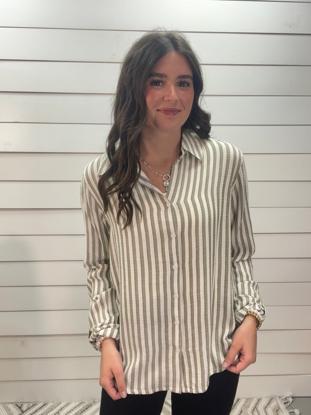 WHITE/OLIVE STRIPED BUTTON FRONT WOVEN LONG SLEEVE TOP