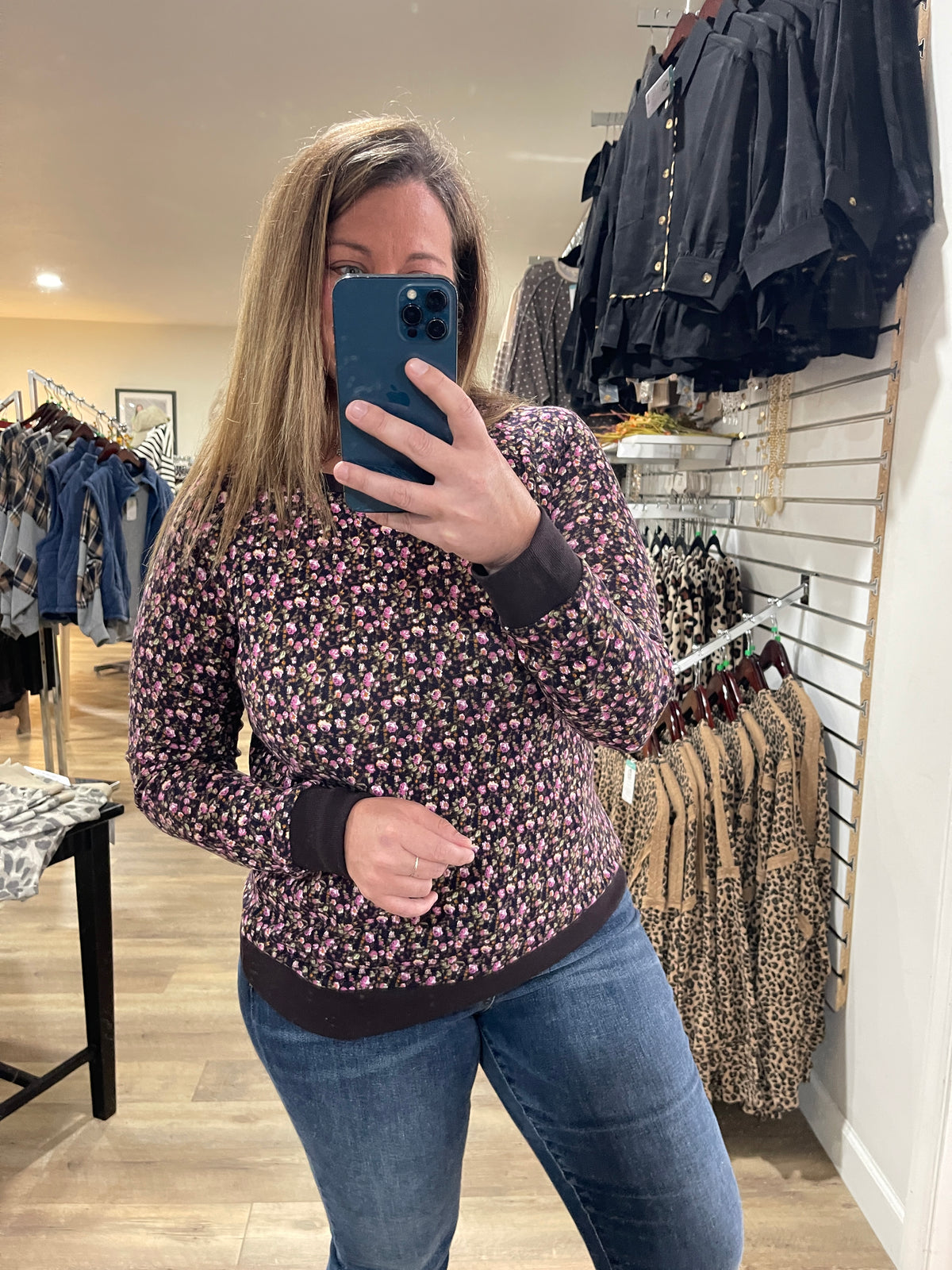 PLUM Wide Crew Neck, Long Sleeve, Floral Printed Hacci Top