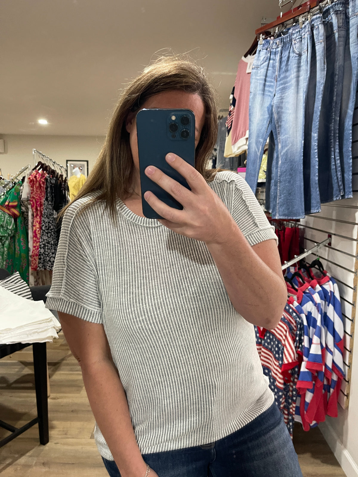 GREY WASHED RIBBED SHORT SLEEVE KNIT TOP
