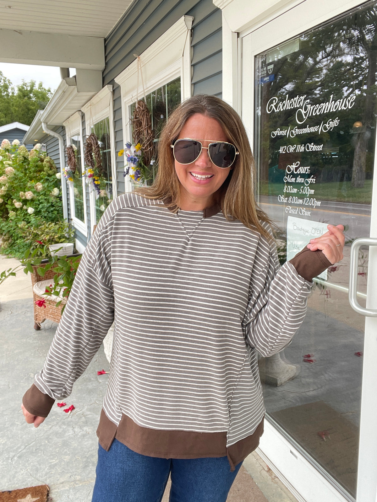 BROWN Drop Shoulder Long Sleeve Loose Fit Yarn Dye Stripe Knit Top With Ribbed trim