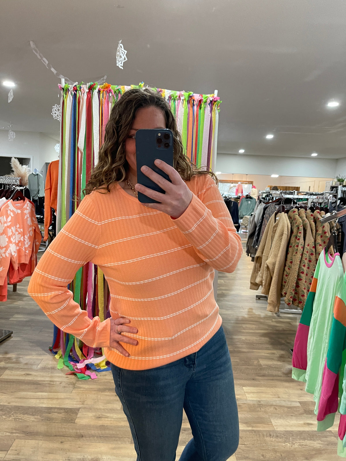 PEACH TEXTURED STITCH STRIPE CREW NECK PULLOVER