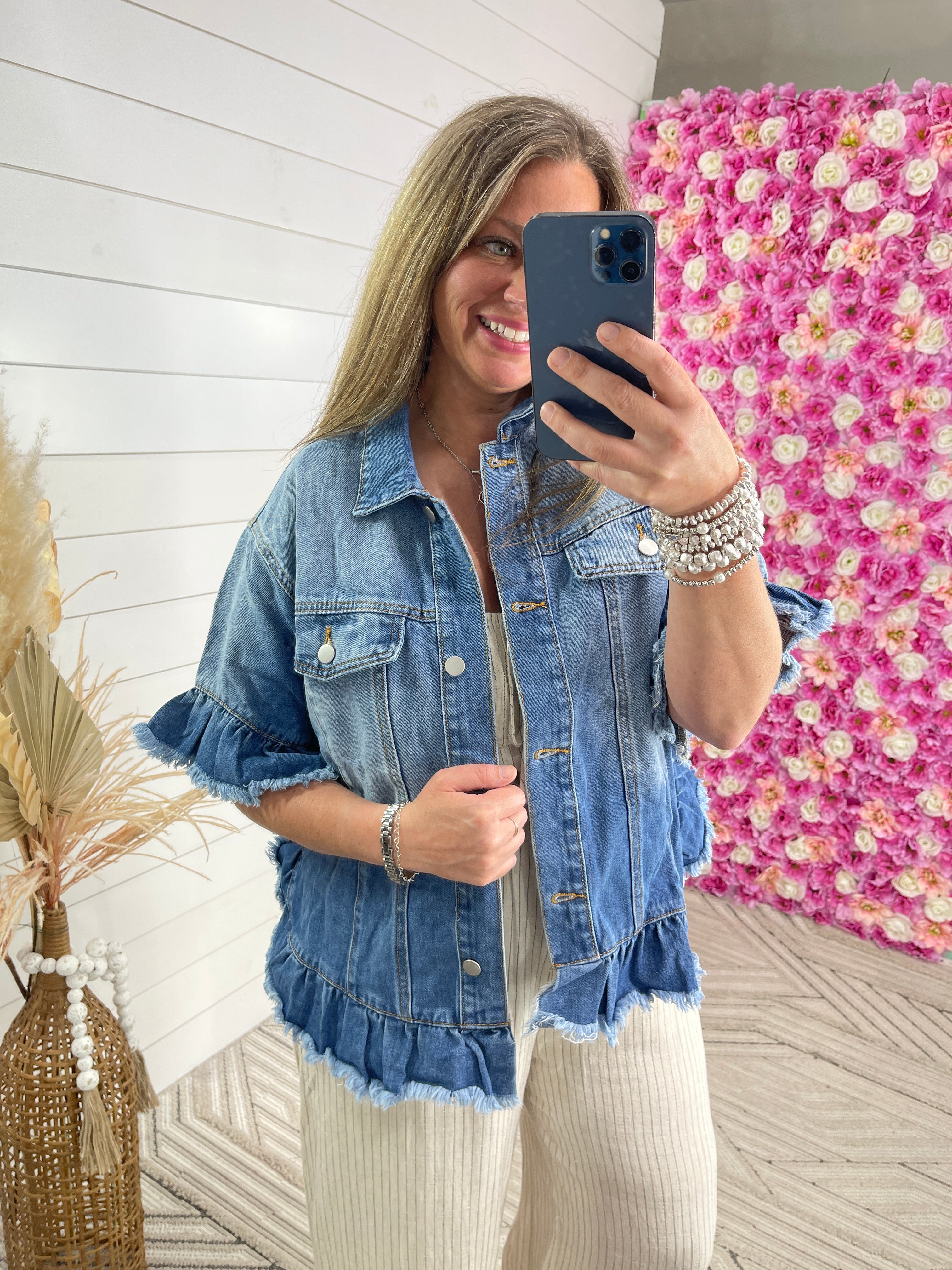 Jean jacket with ruffle sleeves best sale