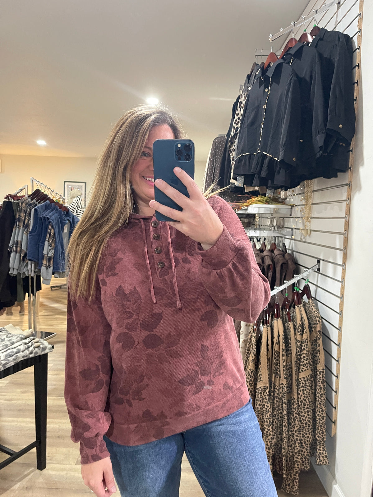 MARSALA Half Button, Long Sleeve, Floral Printed Drawstring Hoodie
